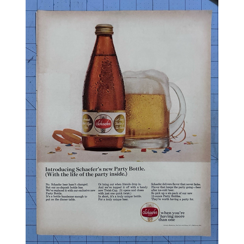 1967 Print Ad Introducing Schaefer Beer new Party Bottle